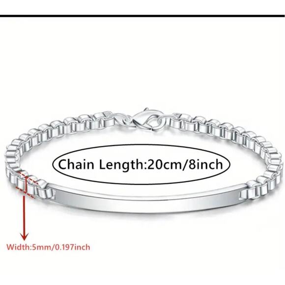 925 Sterling Silver Plated Bracelet Unisex Curved Bar on Box Chain NWT - Picture 5 of 5